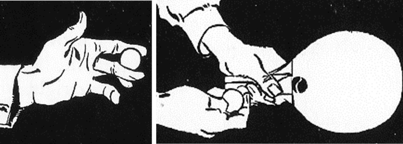 コールマン・クラーク著「MODERN PING - PONG AND HOW TO PLAY IT」（1933年）で紹介されているこのイラストが、フィンガースピンサービスについて残っている唯一の図像だ。