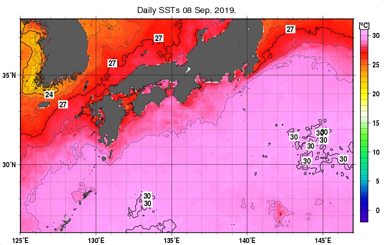 9月8日の海面水温（気象庁HPより）