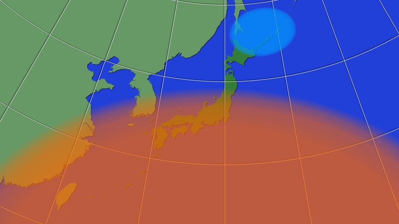8月1日以降の太平洋高気圧とオホーツク海高気圧の勢力（筆者作成）