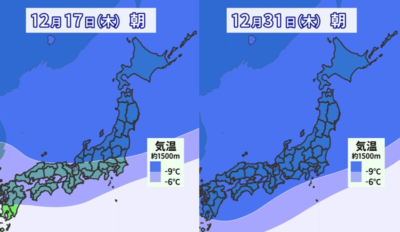 12月17日と12月31日の寒気の強さ（提供：ウェザーマップ）
