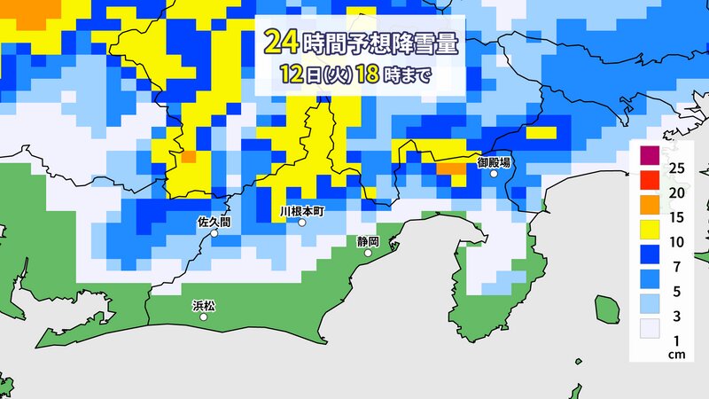 火曜日午後６時までの２４時間に予想される降雪量（提供：ウェザーマップ）