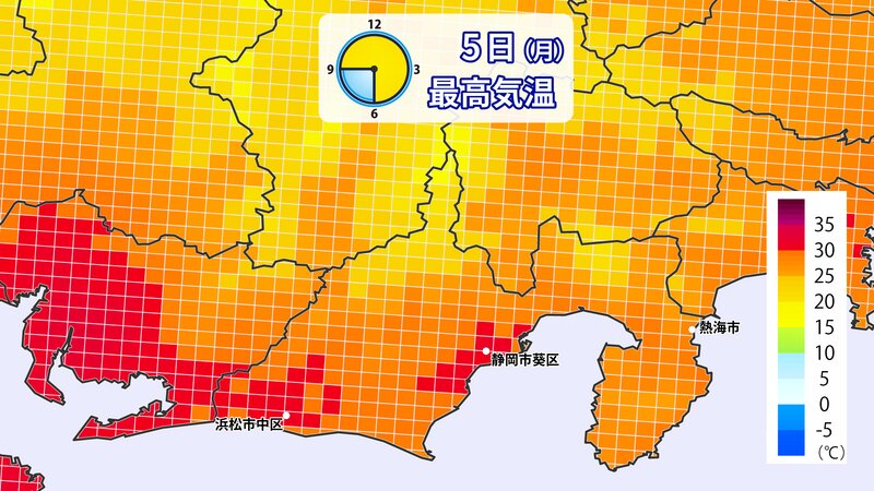 7月5日の最高気温の予想分布（提供：ウェザーマップ）