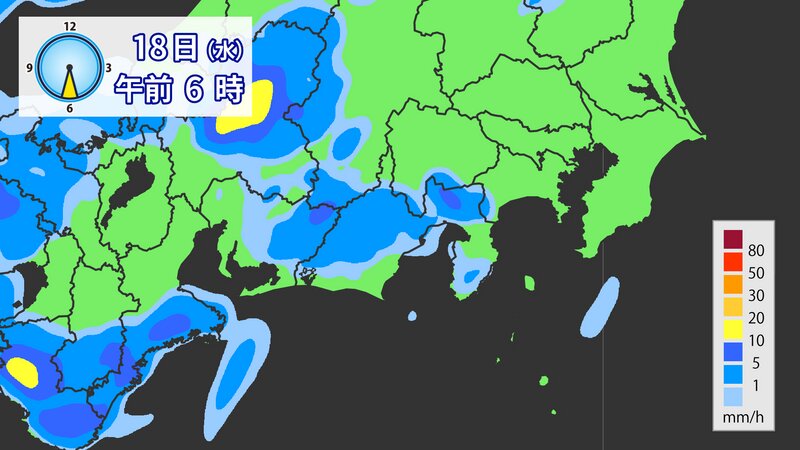 8月18日午前6時の雨の予想（提供：ウェザーマップ）