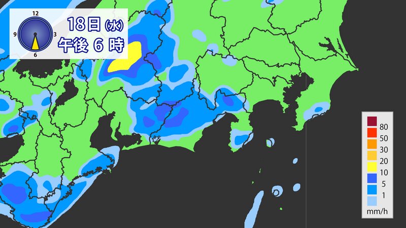 8月18日午後6時の雨の予想（提供：ウェザーマップ）