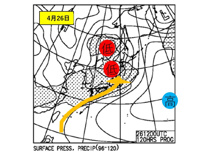 4月26日夜の気圧配置　気象庁週間予報支援図から抜粋（筆者加筆）