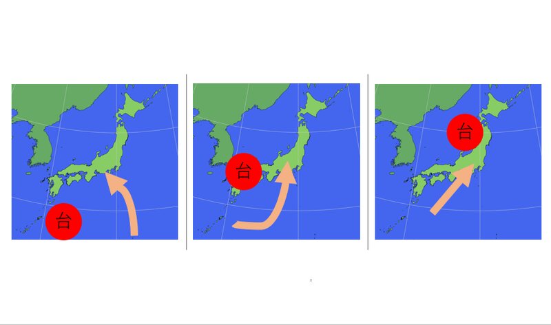 台風の位置と県内への風の入り方（筆者作成）