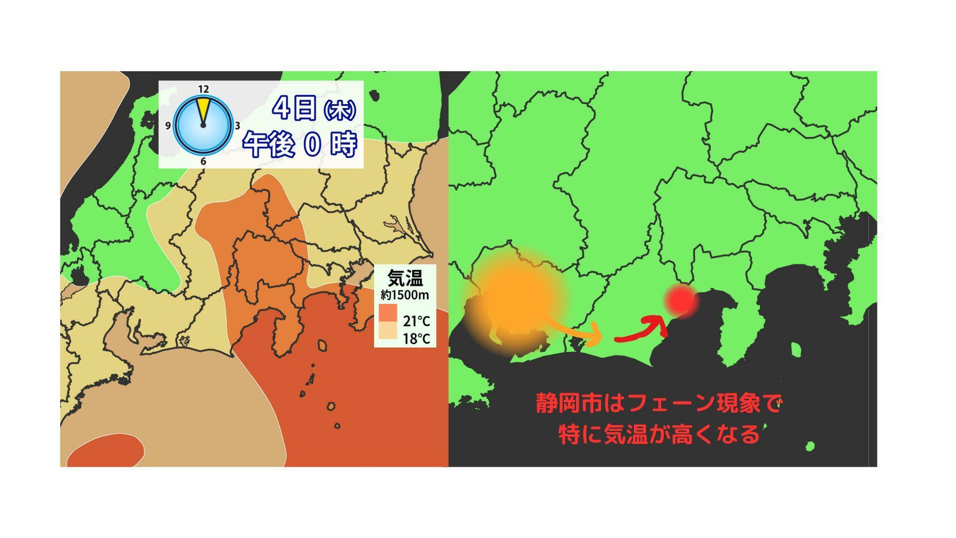 7月4日の暑さの原因　上空1500ｍ付近の暖気（提供：ウェザーマップ）と風の状況（筆者作成）