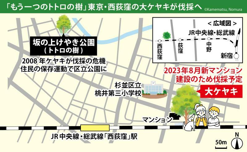 大ケヤキは東京・西荻窪の住宅街にある。2008年に住民の保存運動で守られた「トトロの樹」が近くにあることから、「もう一つのトトロの樹」と呼ぶ人もいる（作成：亀松太郎・野村徳子）
