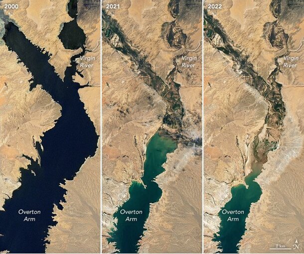 一番左の2000年と右の2022年では、湖の面積も深さも激減していることがわかる（提供：NASA Earth Observatory）