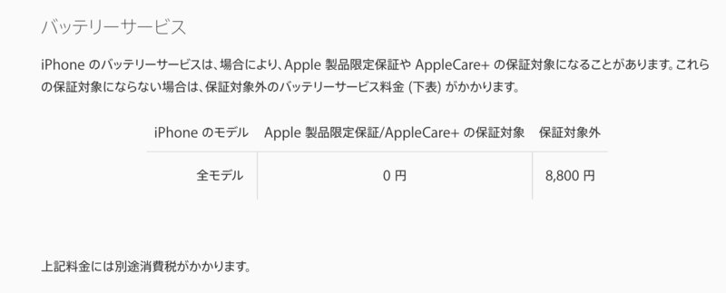 全モデルバッテリー交換費用は8,800円 出典:apple.com/jp/
