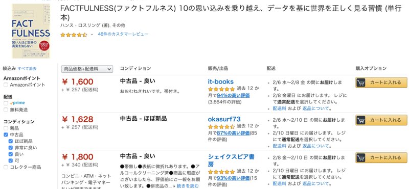Amazon中古での価格には送料がかかる　出典:amazon.co.jp
