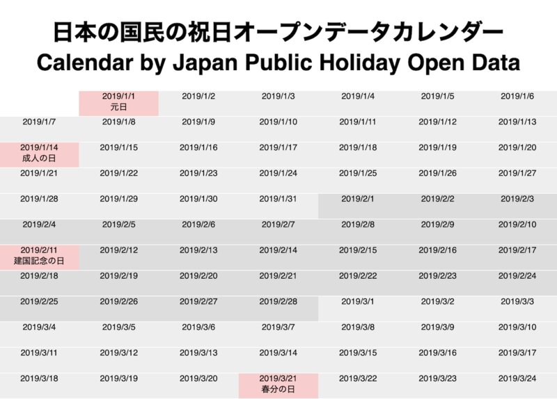 日本の国民の祝日オープンデータカレンダー　出典:fukuno.jig.jp