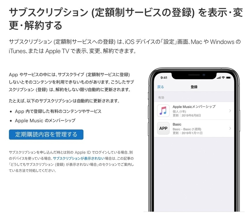 サブスクリプションを表示・変更・解約する 出典:Apple