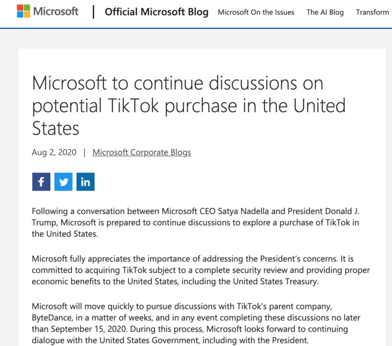 Microsoftはブログで米国でのTikTokの交渉を継続とブログで発表した　出典:Microsoft