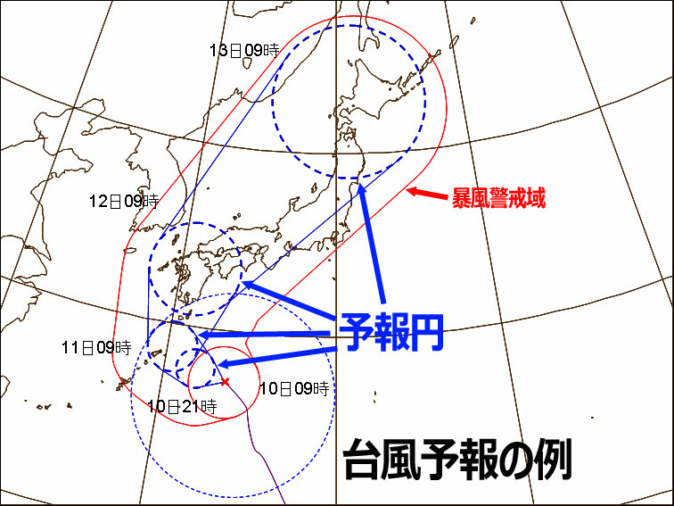 台風進路予報の例。予報円と暴風警戒域。（気象庁HPから引用・加筆）