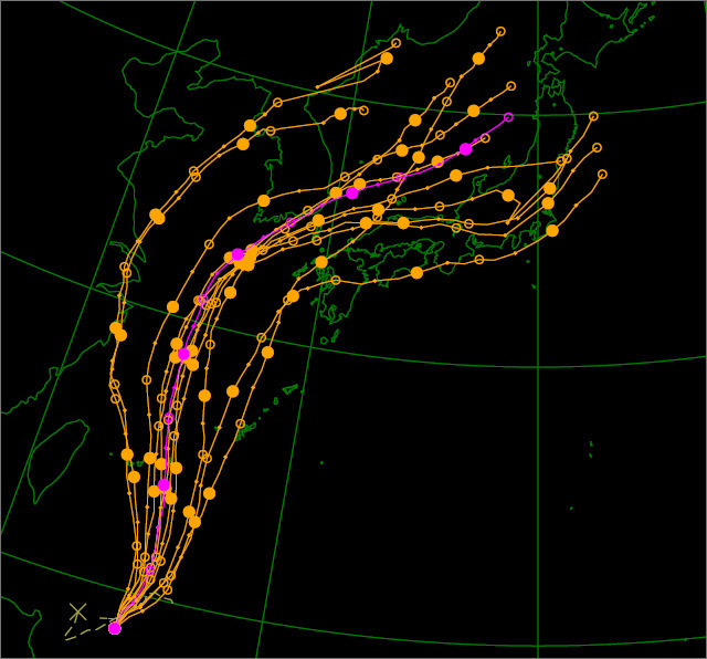 台風アンサンブル予報の例。１１通りの進路が示されている。（気象庁HPより）