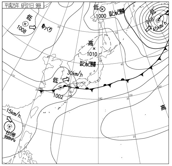 21日9時の速報天気図。梅雨前線が南岸から東の海上までのびる。（気象庁HPより）