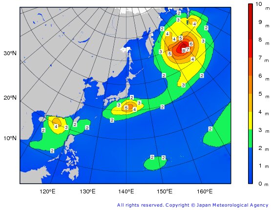 22日9時の波浪予想。関東の南に波の高い領域が進んでくる予想。（気象庁HPより）