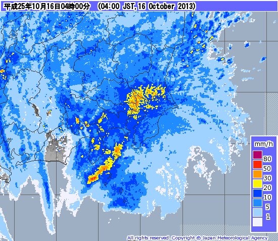 16日4時のレーダー。伊豆大島付近で猛烈な雨に。（気象庁HPより）