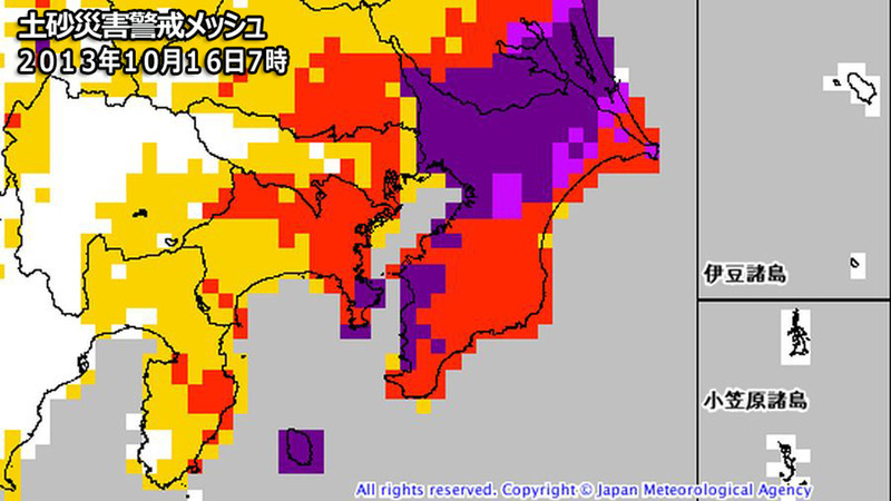 昨年１０月の土砂災害警戒判定メッシュ。気象庁HPより。伊豆大島も危険度が高い。