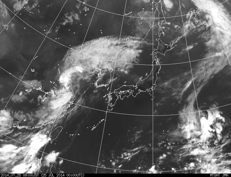 ２５時９時の気象衛星画像。西～東日本は晴れの区域に入っている。気象庁HPより