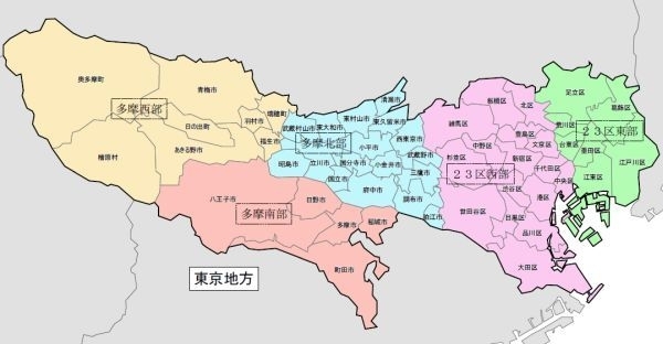 東京地方の細分区域図。警報は市区町村単位で発表される。（気象庁ウェブサイトより）