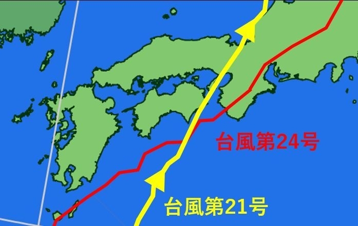 2つの台風の経路。（気象庁資料をもとに筆者作成）