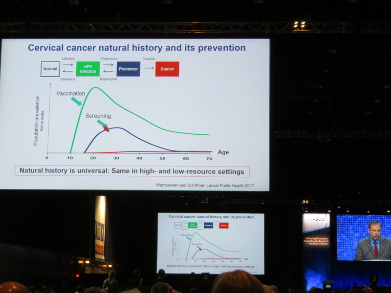 子宮頸がん予防におけるHPVワクチンと子宮頸がん検診の重要性について講演したローウィ医師。（ASCOプレナリーセッション、筆者撮影）