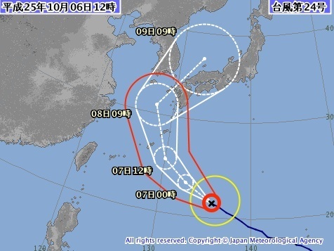 台風24号の予想進路（6日正午現在）