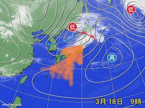 日本海の低気圧に向かって、暖かい風が吹く（2014年3月18日）