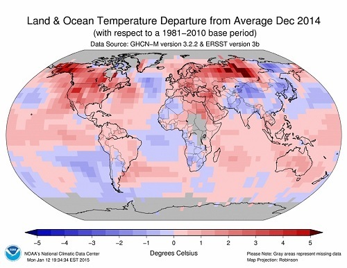 2014年世界の年平均気温偏差図（NCDC 米気候データセンター）