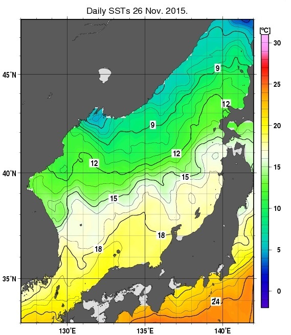 日本海の海面水温（11月26日、気象庁）