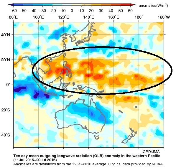 2016年7月中旬，旬平均外向き長波放射量平年偏差（西部太平洋域）：気象庁