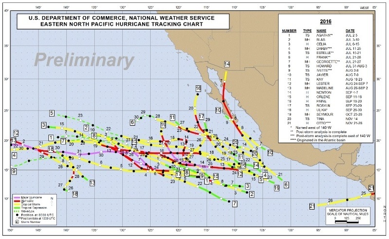 2016年に北東太平洋で発生した熱帯低気圧の経路図（NOAA National Hurricane Center)