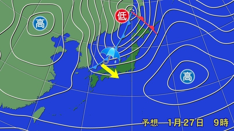 27日午前9時の予想天気図（寒冷前線が西日本を通過し、雨が降る見通し）
