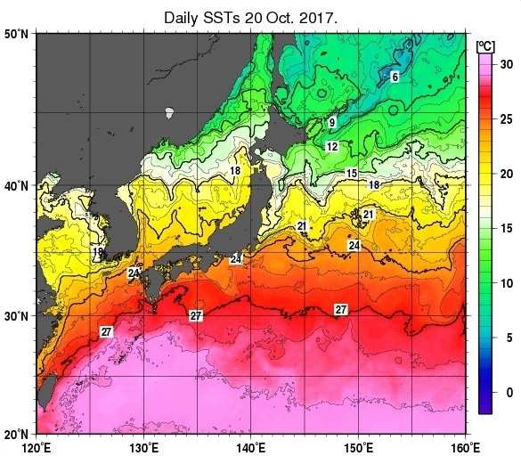 日本近海の海面水温（10月20日，気象庁ホームページより）