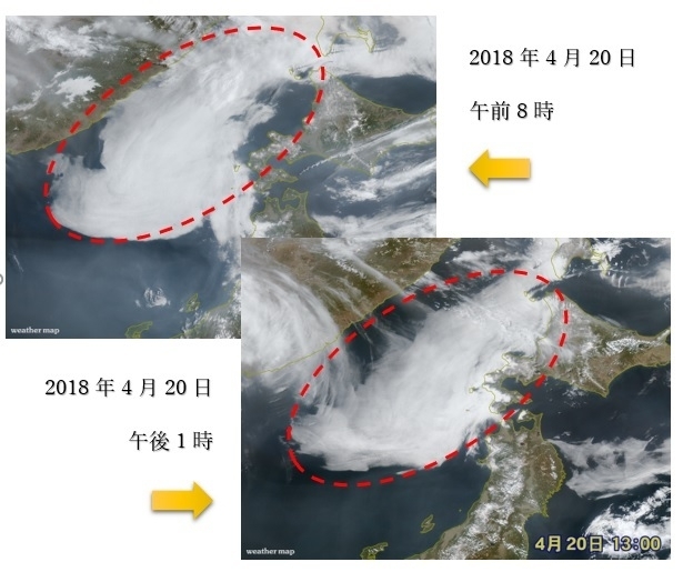霧がロシア沿岸から北海道に移動した様子をみたもの（2018年4月20日，気象衛星ひまわりの雲画像，著者作成）