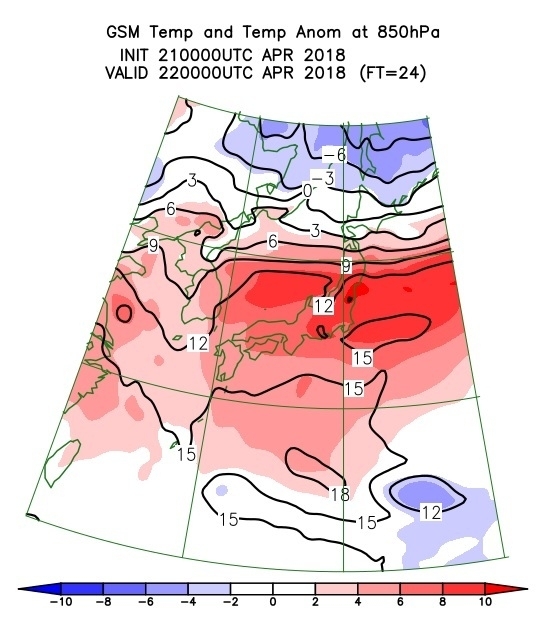 4月22日午前9時：上空約1500メートルの気温・偏差予想図（ウェザーマップ）