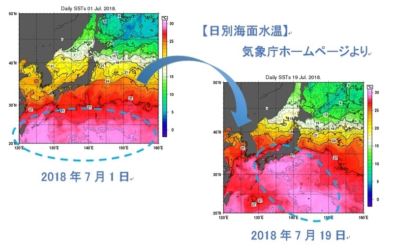日本近海の日別海面水温を比較した図（気象庁ホームページ，著者加工）