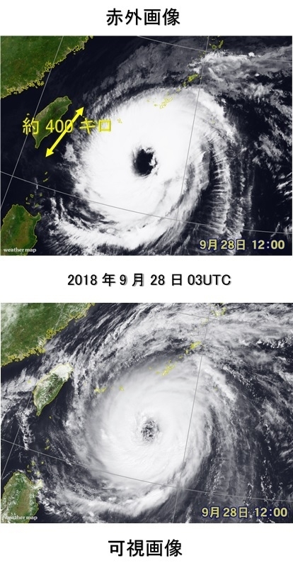 気象衛星ひまわり8号がとらえた台風24号の雲：上図は赤外画像、下図は可視画像（2018年9月28日正午，著者作成）