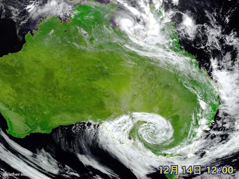 気象衛星ひまわり8号からみたオーストラリア付近の雲の様子（12月14日正午、ウェザーマップ）