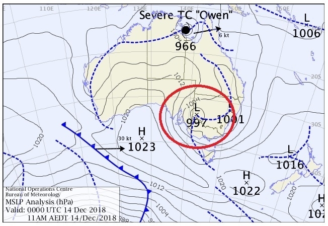 オーストラリア付近の地上天気図、12月14日午前9時（オーストラリア気象局ホームページより）