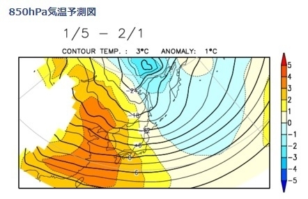 850hPa気温予測図（1月5日－2月1日）（気象庁ホームページより）