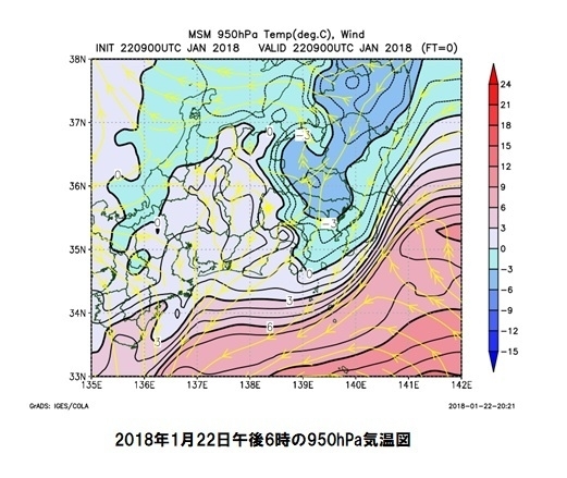 【過去】上空500メートル付近の気温図（2018年1月22日午後6時、ウェザーマップ作画）