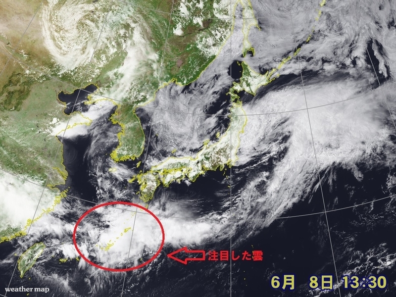 気象衛星ひまわりから見た日本列島（6月8日午後、ウェザーマップ）