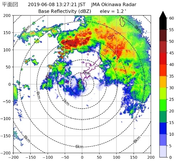 気象レーダーの反射強度を図にしたもの（沖縄レーダー、6月8日午後1時半、ウェザーマップ作画）