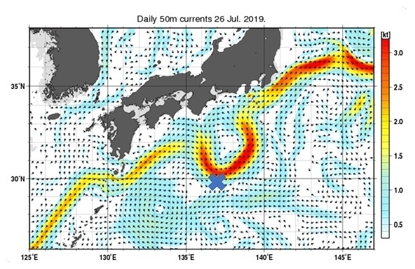 黒潮の流れと台風6号の発生位置（気象庁ホームページより。×印は著者加工）