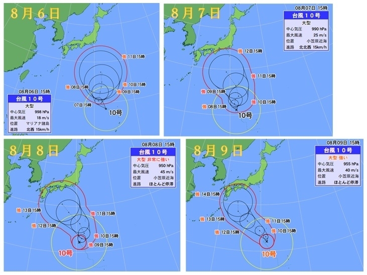 台風10号の進路・強度予報図の変化をみたもの（左上：8月6日、右上：8月7日、左下：8月8日、右下：8月9日、いずれも15時のもの、著者作成）