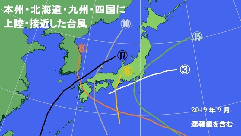 今年になって、本土（本州・北海道・九州・四国）に接近または、上陸した台風の経路図（著者作成）