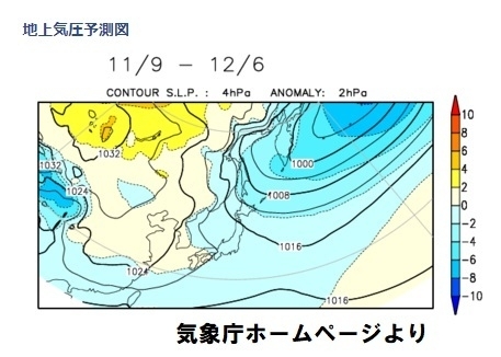 地上気圧予測図（11月9日～12月6日）、気象庁ホームページより